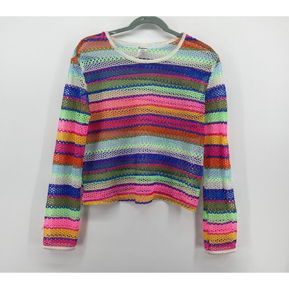 No Boundaries Tops - Womens Multicolor Striped Mesh Long Sleeve Top Medium Festival Rave Concert Love